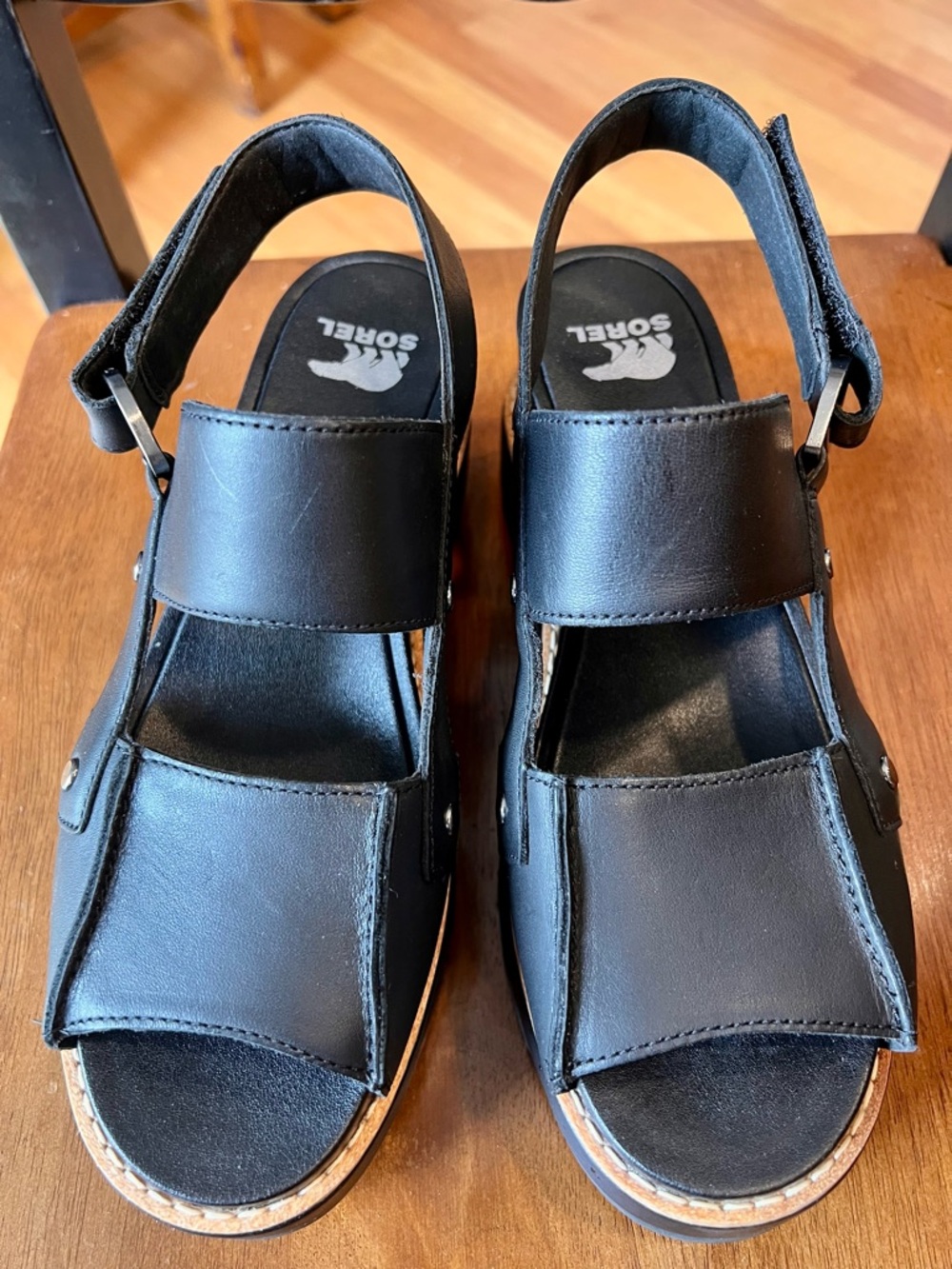 Sorel Black Leather Adjustable Slingback Sandals
